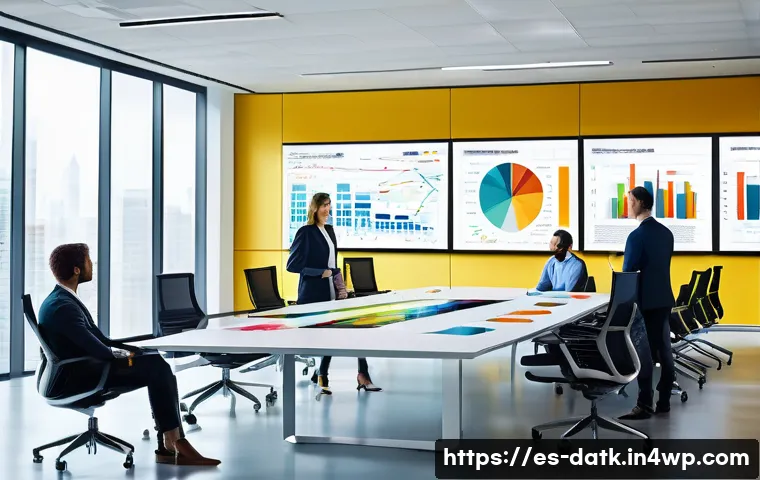 데이터 최소화와 고객 신뢰 구축 - A modern office scene showing a diverse team of professionals collaborating around a sleek conferenc...