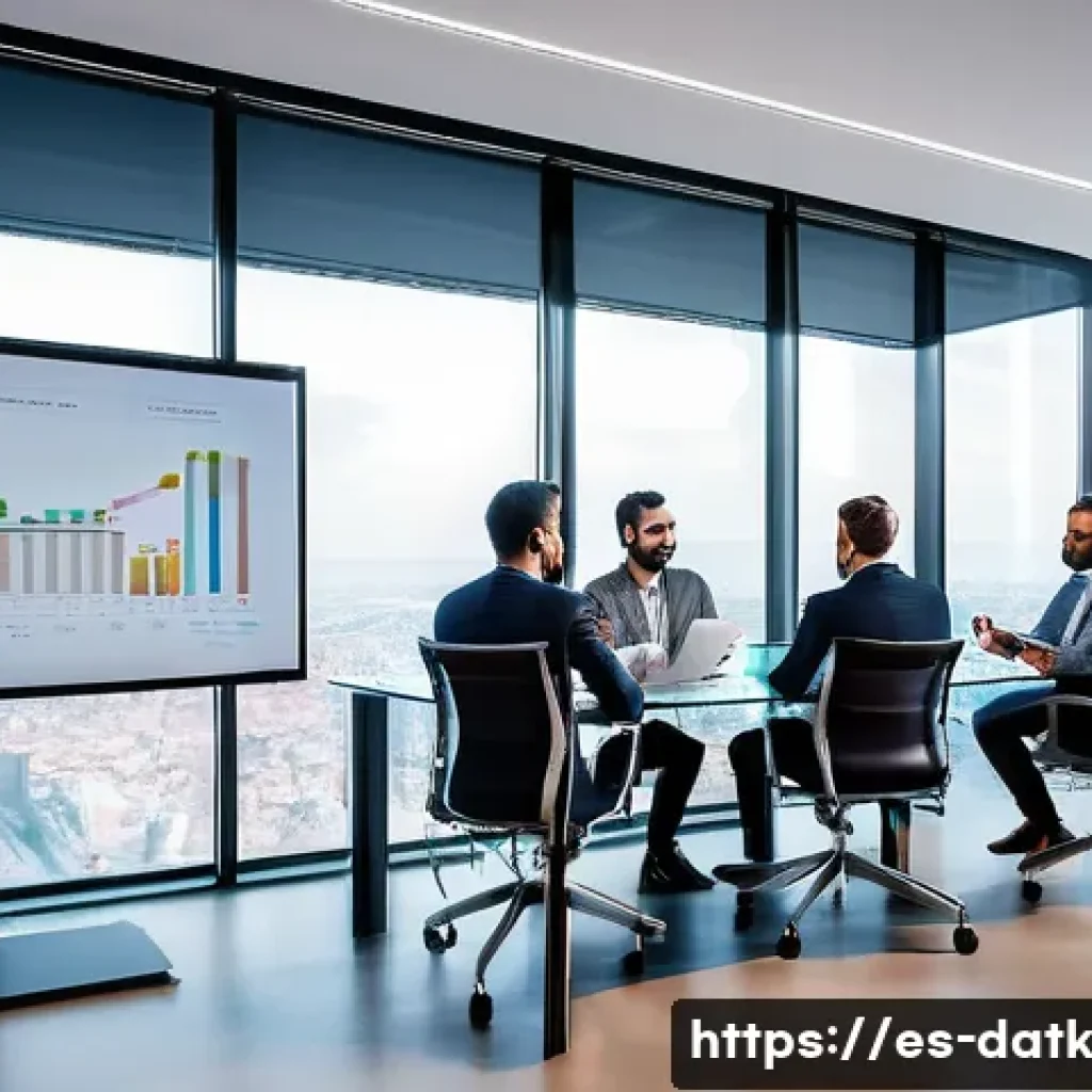 데이터 최소화와 디지털 전환의 관계 - A modern corporate office environment in Madrid, Spain, showcasing a diverse team of professionals c...